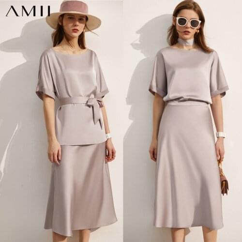 Amii Minimalism Summer New Womens Blouse Offical Lady Solid Oneck With Belt Womens Shirt Causal Aline Womens Skirt 12140295
