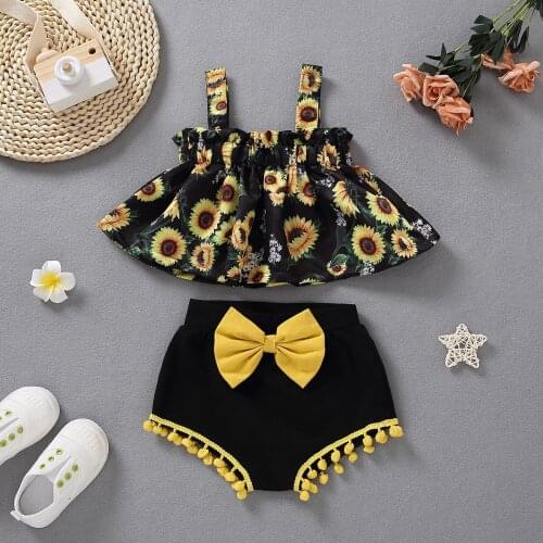 Baby Girl Summer Clothes Set Toddler Girl Outfit Infant Girls Strap Sunflower Top + Yellow Big Bow Black Shorts Bebe Boho Clothe