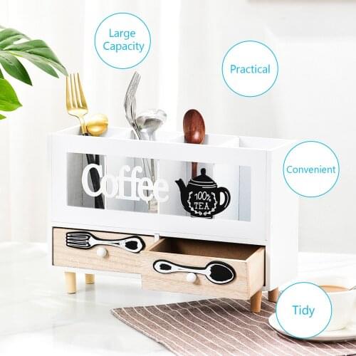 Desktop Storage Box with Drawer Retro Kitchen Utensils Storage Holder Wooden Desk Tableware Storage Organizer Office Pen Holder