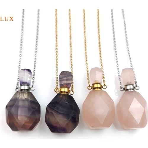 Natural Rainbow Fluorite Rose Quartz GemStone Perfume Bottle Pendant Necklace Crystal Gold Silver For Women Necklace Jewelry