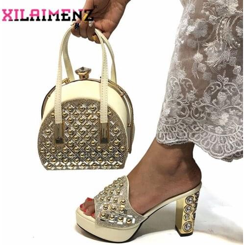 New Arrival White Women Slippers and Bag Set Decorated with Rhinestone Shoes and Bag Set In African Women Dress Wedding Shoes
