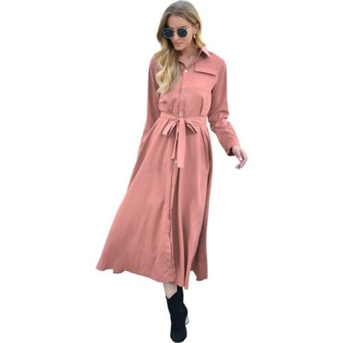 Turn Down Collar Solid Color Button Shirt Dress Women Pocket Long Sleeve Hight Waist Bandgae Elegant Office Lady Dresses