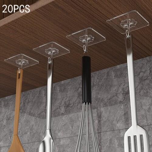20Pcs Transparent Strong Self Adhesive Door Wall Hangers Hooks Hanger Suction Cup Reusable Wall Hook for Kitchen Bathroom Office