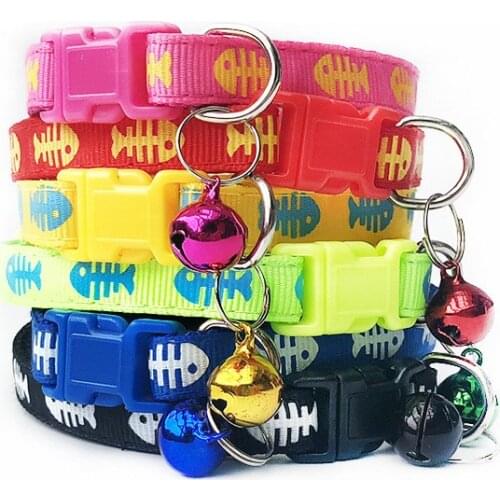 Adjustable Cat Collar Cute Bone of Fish Print Breakaway Nylon Pet Puppy Dog Cat Collar with Bells 19-32cm 1.0cm Drop Shipping