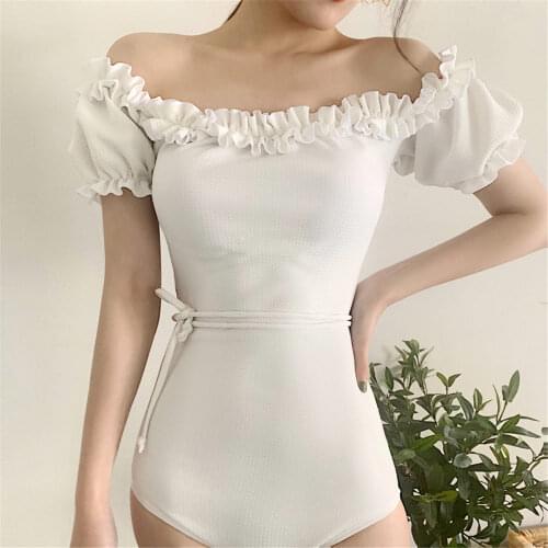 Off Shoulder One Piece Swimsuit Women Solid Swimwear Ruffle Monokini Sleeve Trikini Open Back Bathing Suit White Beachwear Pad