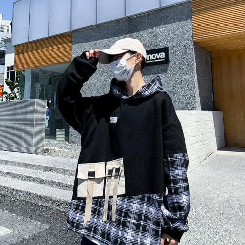 Autumn spring 2021 Plaid patchwork Hoodie Sweatshirt mens hip hop punk Pullover Street casual fashion