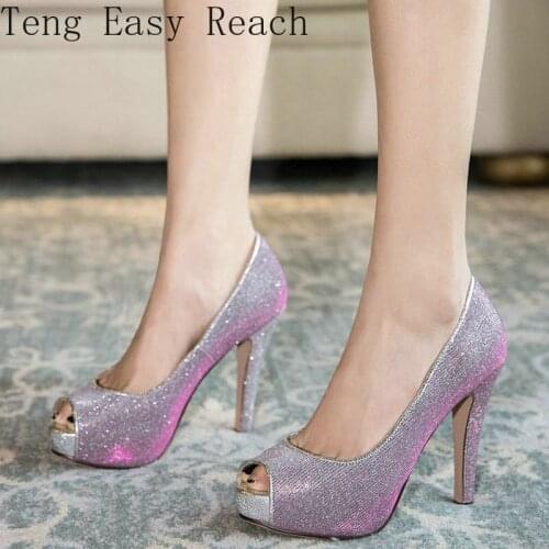 Fashion Peep Toe High Heels Summer Women Shoes Sequined Super High Heel Pumps Wedding Party Shoes Woman Gold Silver Purple 43