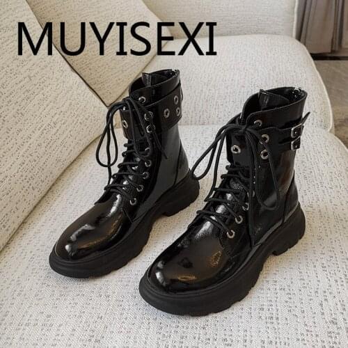 Buckle decorations genuine leather 4.5cm med thick bottom round toe lace up zip beauty lady streetwear ankle boot LDI29 MUYISEXI