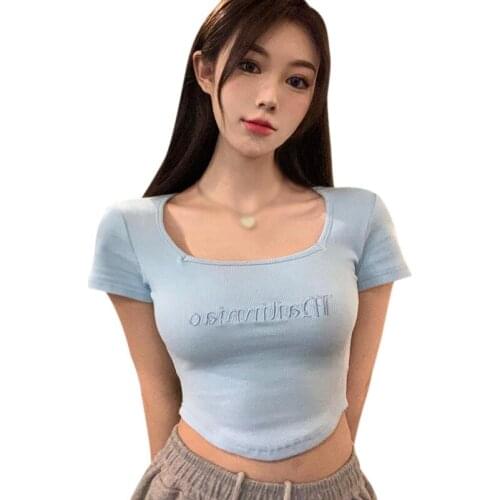 Women Korean Square Collar Tee Letter Embroidery Casual Slim Exposed Navel Short Sleeve T Shirt Top