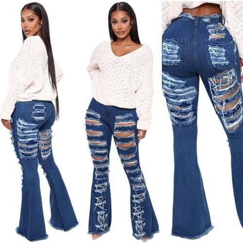 FNOCE 2020 new womens ripped jeans pants fashion trends casual sexy elegant solid high waist slim hole denim full Flare Pants
