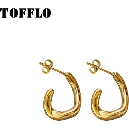 TOFFLO Stainless Steel Jewelry C-Shaped Earrings With Irregular Folds Womens Fashion Earrings BSF430