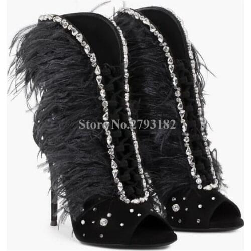 2018 Spring New Design Open Toe Blue Pink Suede Leather Rhinestone Ankle Boots Cut-out Crystal Feather Design Short Boots