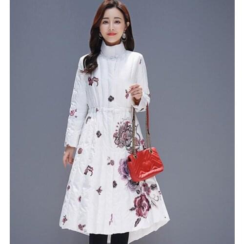 High Quality Long Down Jacket For Women 2018 Fashion New Asymmetric Printed Stand Slim Parka Coat Female Thicken Warm Down Coat