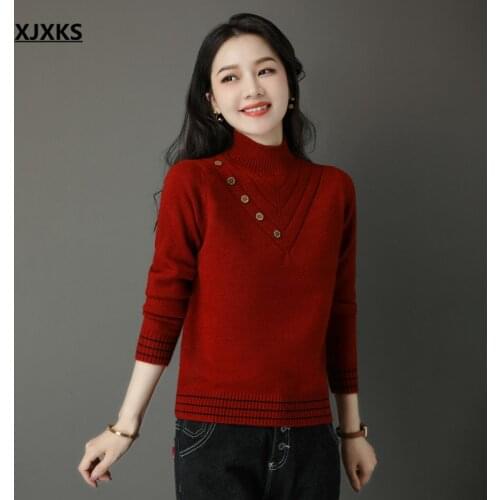 XJXKS Exquisite button women turtleneck sweater 2021 winter thickened warm cashmere knitted sweater women pullover