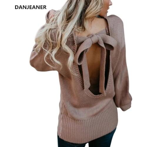 Danjeaner Sexy Backless Bow Slim Fit Knitting Pullovers Plus Size Solid Sweaters Women Autumn Winter Retro Streetwear Jumpers