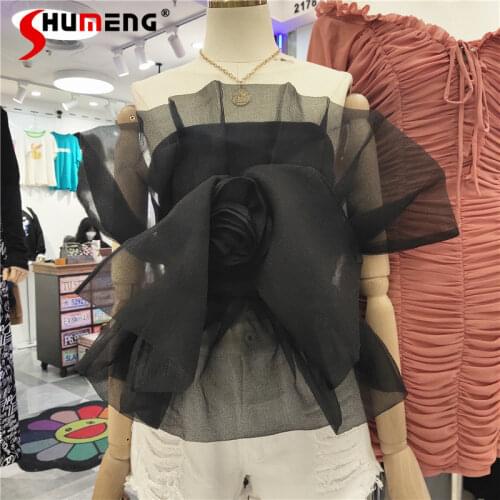 2021 Spring and Summer New Fashion Solid Color Strapless Top for Ladies Big Bow Mesh Flowers Tube Top Women Sexy