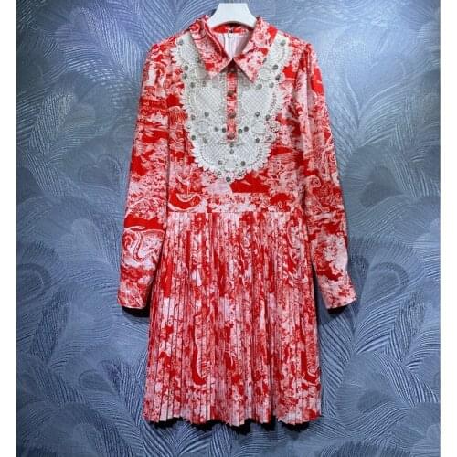 New 2021 Autumn Hot Sale Dress High Quality Women Turn-down Collar Sexy Wild Animal Print Lace Deco Long Sleeve Pleated Dress