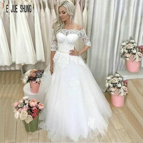 E JUE SHUNG New Design Wedding Dresses Off The Shoulder Half Sleeves Lace Up Back Appliqued Bridal Gowns vestidos de novia