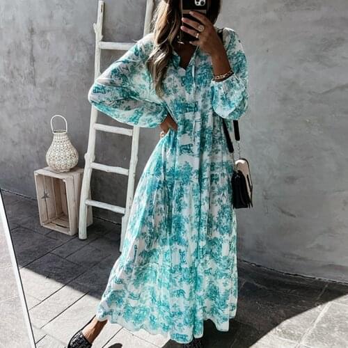 2021 Summer New Flower Print Loose Dress Fashion Lace-Up Drawstring V Neck Long Dress Women Elegant Long Sleeve Party Dress XXL