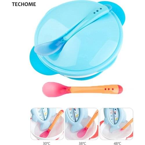 2pc/set Anti-ship Baby Dishes+Temperature Sensing Spoon Stay-Put Suction Bowls Baby Feeding Dished Toddler Training Eat Food