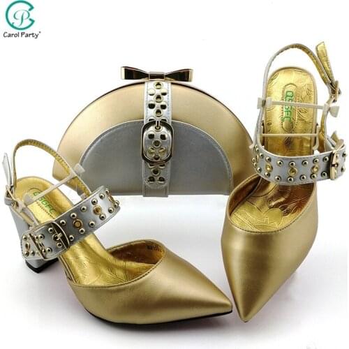 2021 African Hot Selling Neirian Fashon Italian Design Classic Style Elegant Party Wedding Women Shoes and Bag Set in Gold Color