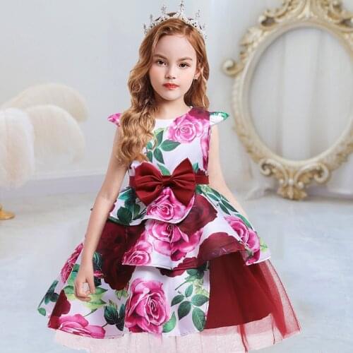 2021 Summer Flower Printed Girls Dress Children Clothes Kids Dresses For Girls Ball Gown Wedding Party Princess Dress Carnival