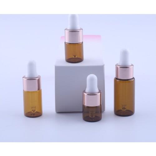 50pcs 1ml 2ml 3ml 5ml Portable Amber Aromatherapy Esstenial Oil Bottle With Rose Gold Glass Eye Dropper Empty Bottle