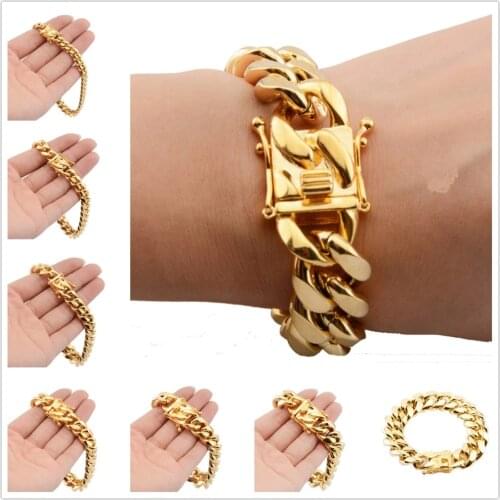 8/10/12/14/16/18MM Christmas Gift New 316L Stainless Steel Gold Tone Mimal Cuban Curb Chain Mens Womens Bracelet Bangle 7"-11"