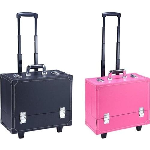 Rolling Makeup Case Train Box Trolley Cosmetic Storage Case with inner Tray balck/Pink