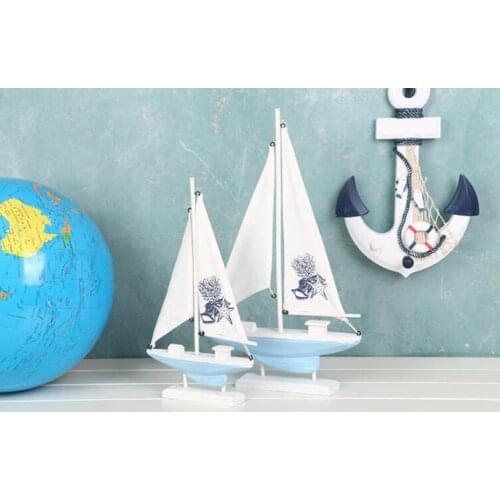 1PC Wood White Sailboat Figurines Mediterrean Style Wooden Stripe Ship Home Office Desktop Miniature Marine Sailing Boats KN 060