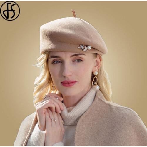 FS Pearl Berets Hats For Women White Wool Hat Winter Vintage French Female Warm Caps Berets Femme Beanie 2020 Boina Feminina