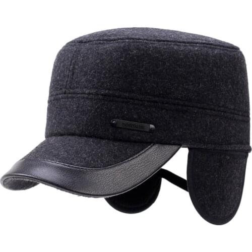 HT3739 Men Winter Wool Hat Flat Top Army Military Cap Adjustable Baseball Hats with Earflap Thick Warm Snapback Baseball Cap Men