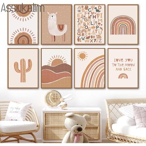 Nursery Wall Art Print Alpaca Poster Rainbow Sunshine Canvas Painting Boho Posters Nordic Wall Pictures For Baby Room Decoration
