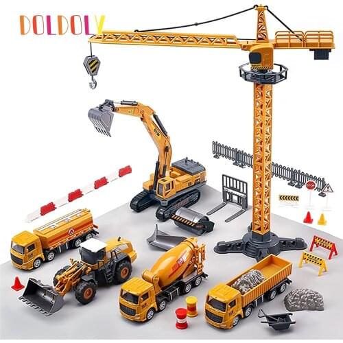 Alloy Engineering Model Crane Bulldozer Excavator Forklift Vehicles Truck Tower Designer For Boys Play Cars Set Toys Xmas Gifts