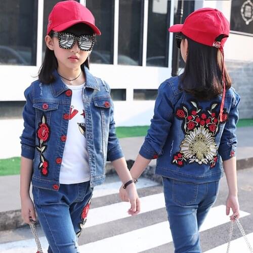 2021 Big Girls Denim Jacket Cardigan Coat kids Jean Outwear Butterfly Embroidery Sequins Children Clothing Spring Clothes