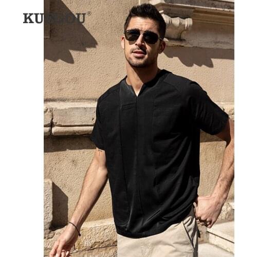 KUEGOU 2020 New Cotton Spandex Fashion Men Tshirt V-Neck Man T-shirt Long Sleeve Patchwork Summer Top$Tee Plus Size ZT-90056