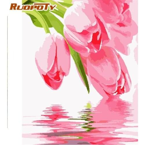 RUOPOTY Frame Painting By Numbers Pink Flower In Water Oil Picture By Numbers Kits For Adults Unique Gify HandPainted Home Decor