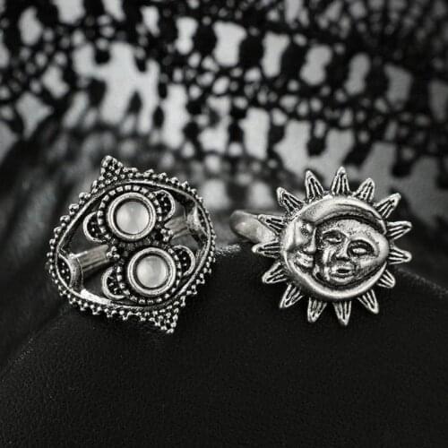 14PCS Bohemian Retro Vintage Silver Moon Star Flower Leaves Crystals Ring Band Kit Finger Ring Set Bohemia Fashion Jewelry