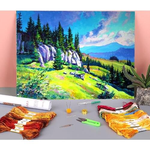 Landscape Chivchyn Rock Printed Fabric 11CT Cross Stitch DIY Embroidery Patterns DMC Threads Sewing Handiwork Decor