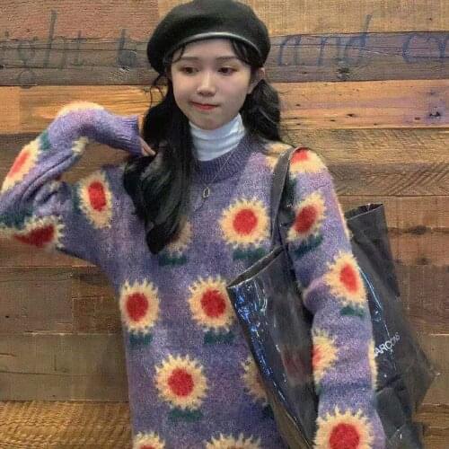 2020 autumn loose retro French sweet girl purple sunflower round neck pullover knit sweater cute fashion top