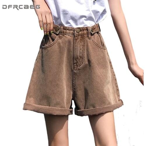 High Waist Adjustable Vintage Wide Leg Denim Shorts 2020 Streetwear Loose Crimping Knee Length Bermuda Denim Short Femme Coffe