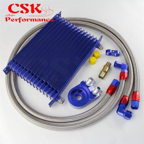 Universal 15 Row 262mm AN10 Engine Transmission Oil Cooler Trust Type + Aluminum Filter Adapter Kit Silver/Blue