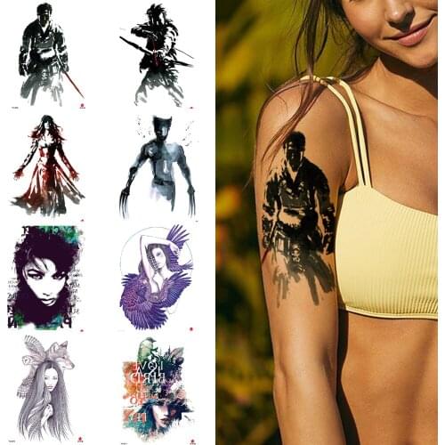 Vintage black ink Temporary tattoo stickers japan samurai vampir Waterproof fake tattoo wall sticker sister plume tattoo body