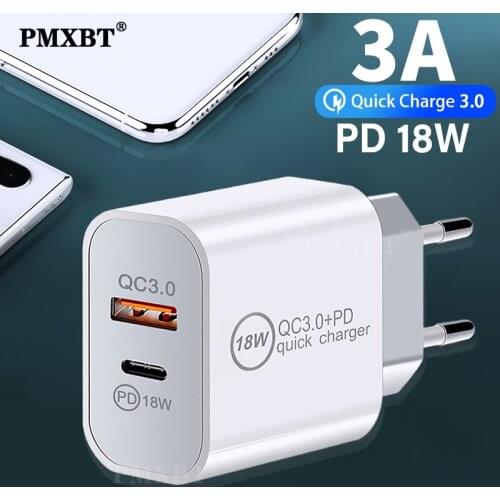 USB-C PD Charger 18W Fast Charge For iPhone Huawei Samsung Xiaomi Mobile Phone Adapter QC 3.0 USB Wall Charger EU AU UK US Plug
