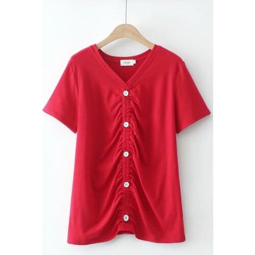 Summer womens tops and blouses plus size T-shirt female 2021 V-Neck short sleeves Pleated buttons womens t-shirt red white