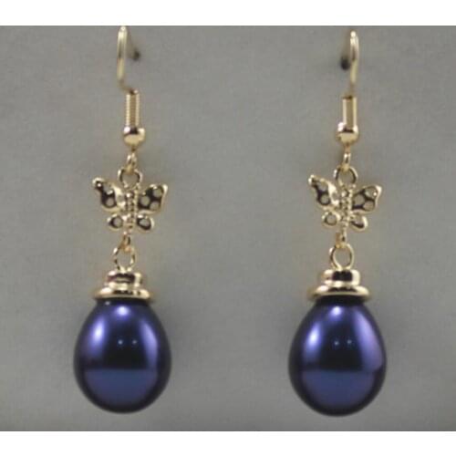 Womens fashion style metal plated butterfly accessories 12x16mm dark blue water drop Shell Pearl Earrings