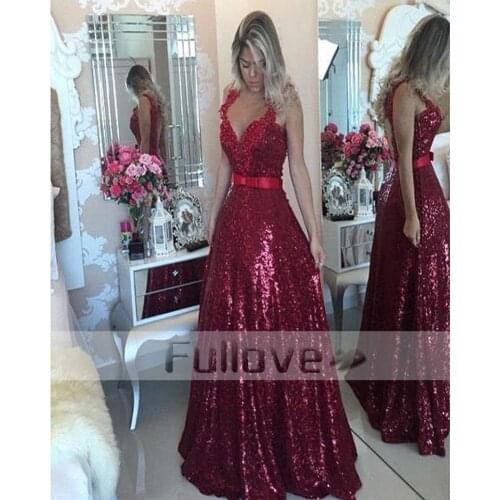 Burgundy Sequined Evening Dress long 2019 Sexy V-Neck Beaded Formal Evening Party Dresses Prom Gowns Robe De Soiree Abendkleider