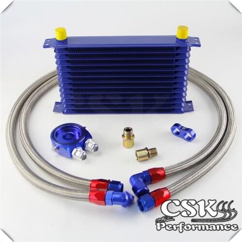 AN10 13Row 262mm Universal Engine Transmission Oil Cooler Trust Type + Aluminum Filter Hose End Kit Blue/Purple