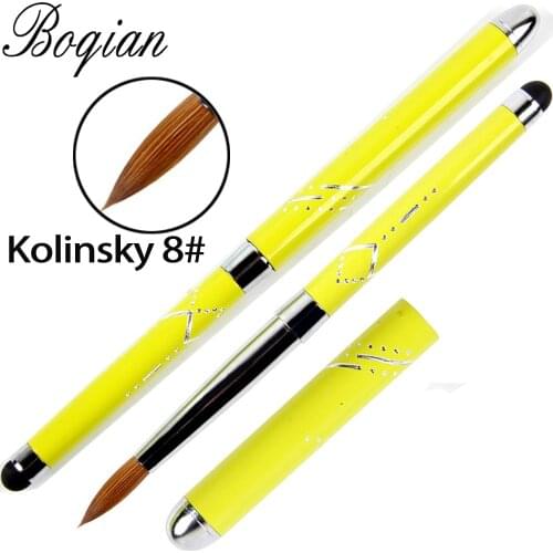 BQAN 1PCS Yellow Kolinsky 8# Nail Brush Screen Touch Design Yellow Metal Handle Good Gathering Kolinsky Acrylic Nail Brush