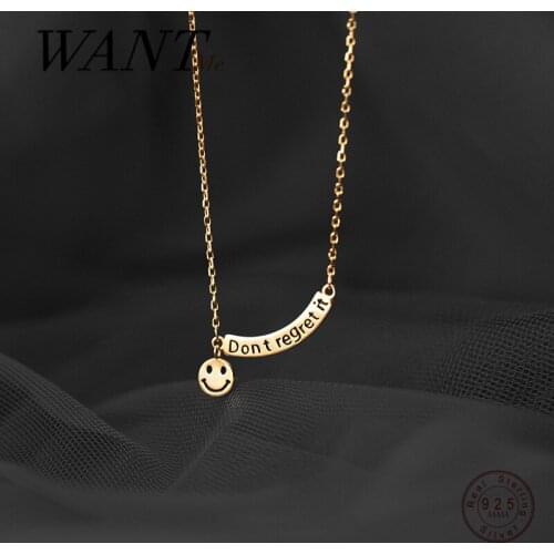 WANTME Fashion Real 925 Sterling Silver Smiley Face Don't Forget It Link Chain Pendant Necklace for Women Wedding Chic Jewelry